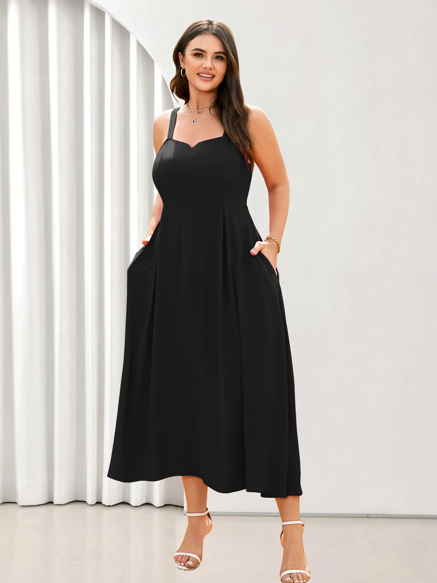 Plus Size Sleeveless Printed Midi Dress — Black