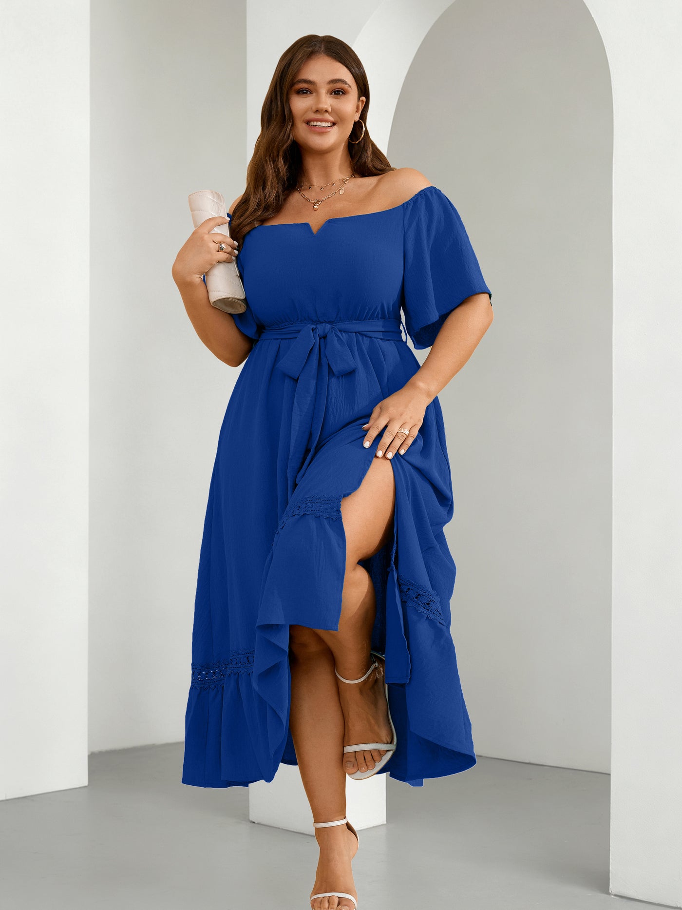 Plus Size Off-Shoulder Floral Maxi Dress — Royal Blue
