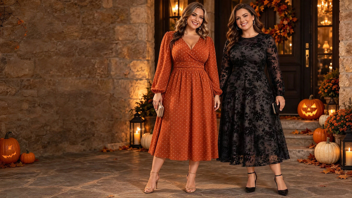 Two women wearing RWJ burnt orange and black floral long-sleeve dresses on a Halloween porch
