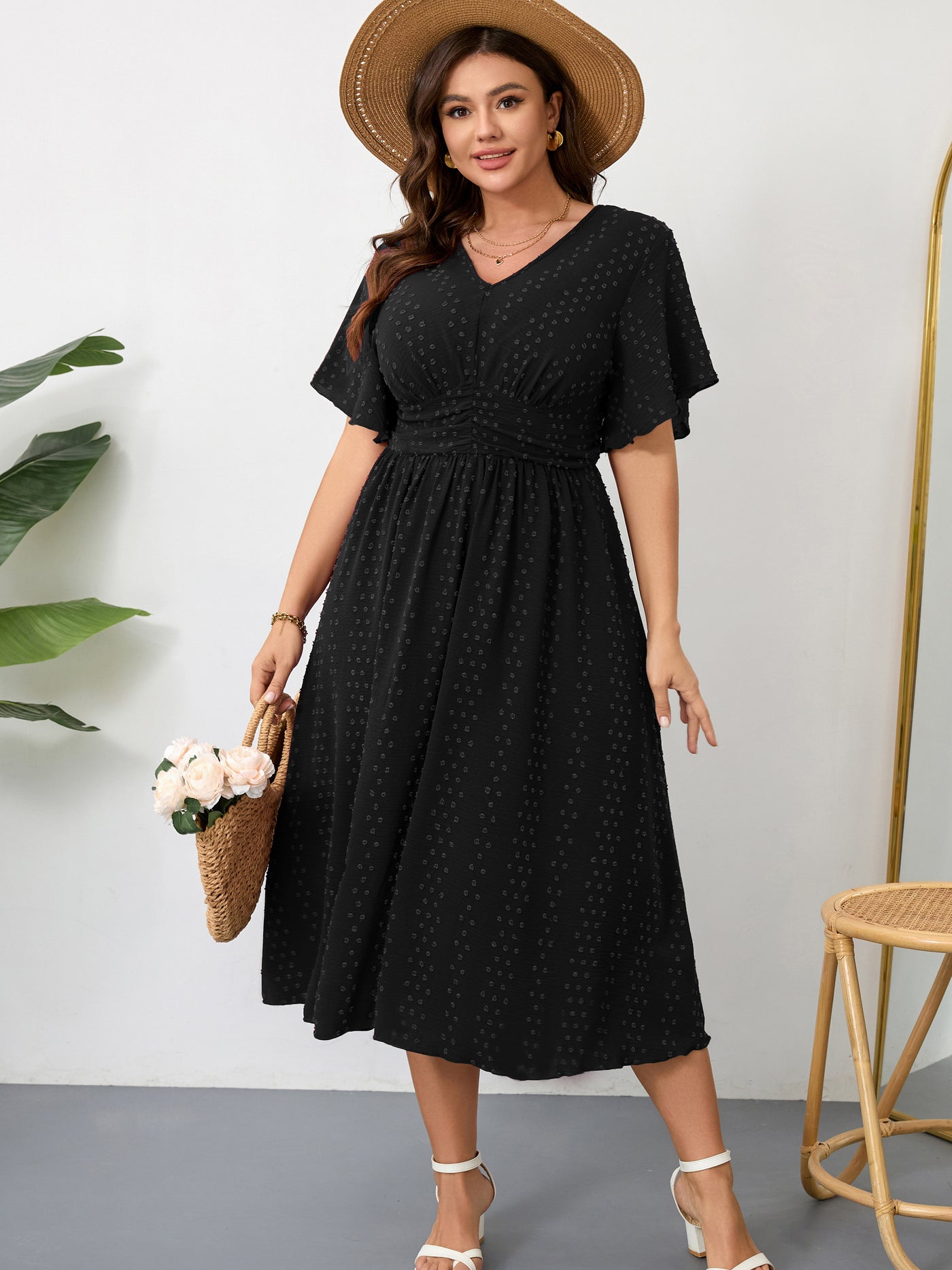 Plus Size Swiss-Dot V-Neck Maxi Dress — Black