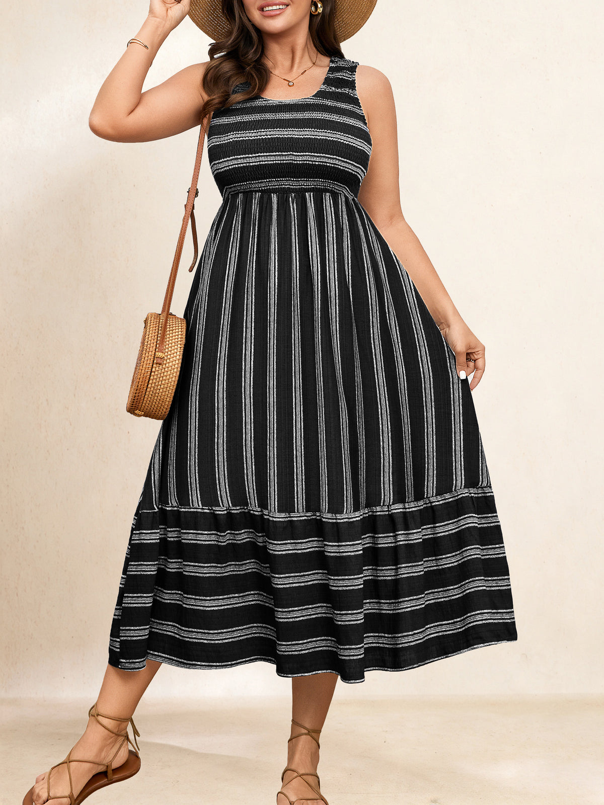 Plus Size Striped Smocked-Bodice Maxi Dress — Black