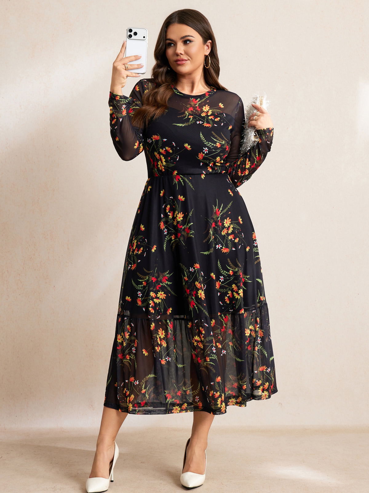 Plus Size Lace Long-Sleeve Midi Dress — Black Yellow Floral