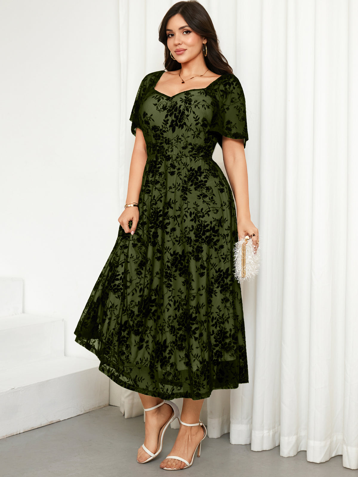 Plus Size Lace Off-Shoulder Midi Dress — Army Green