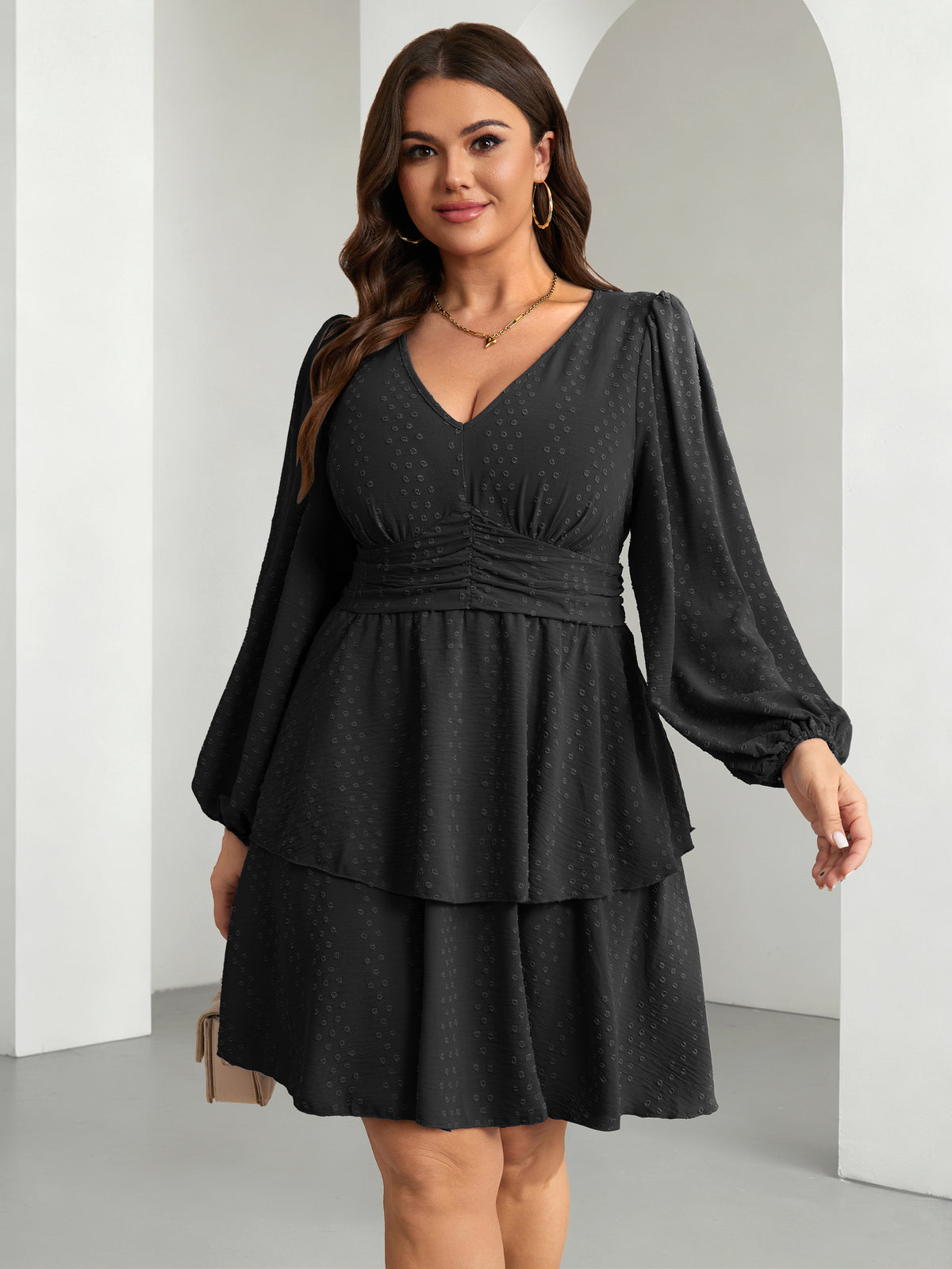 Plus Size V-Neck Tiered Mini Dress — Swiss Dot Black