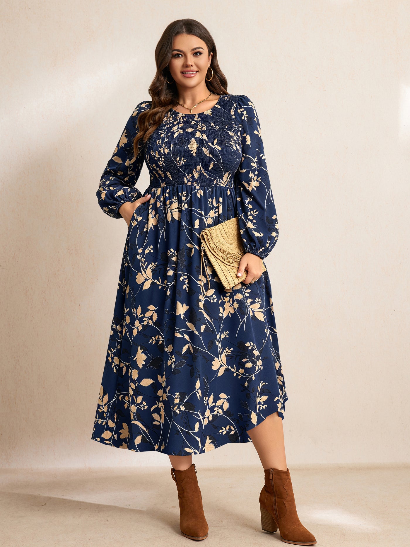 Plus Size Floral Long-Sleeve Maxi Dress — Floral Navy Blue