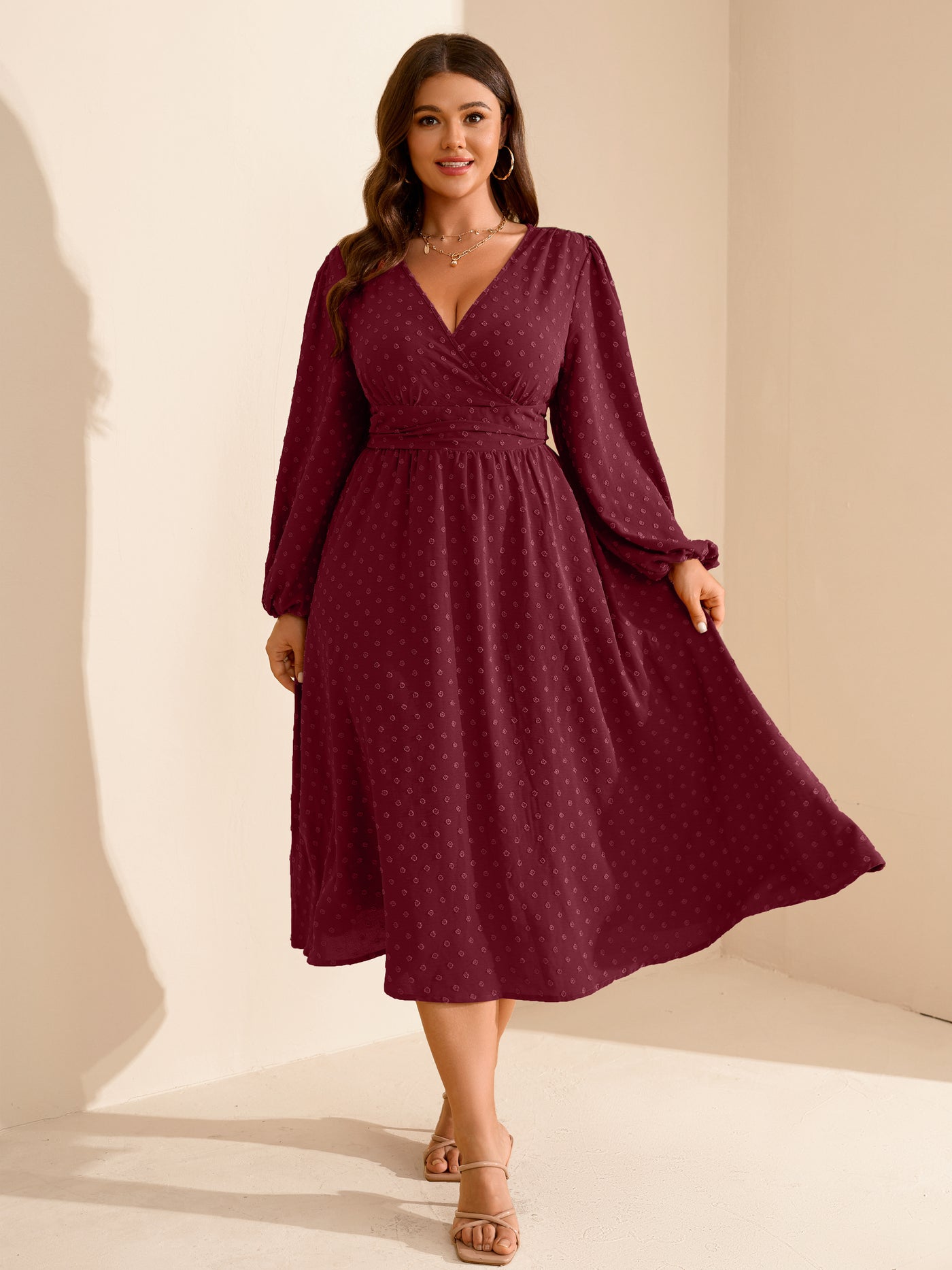 Plus Size Swiss-Dot V-Neck Party Dress — Burgundy