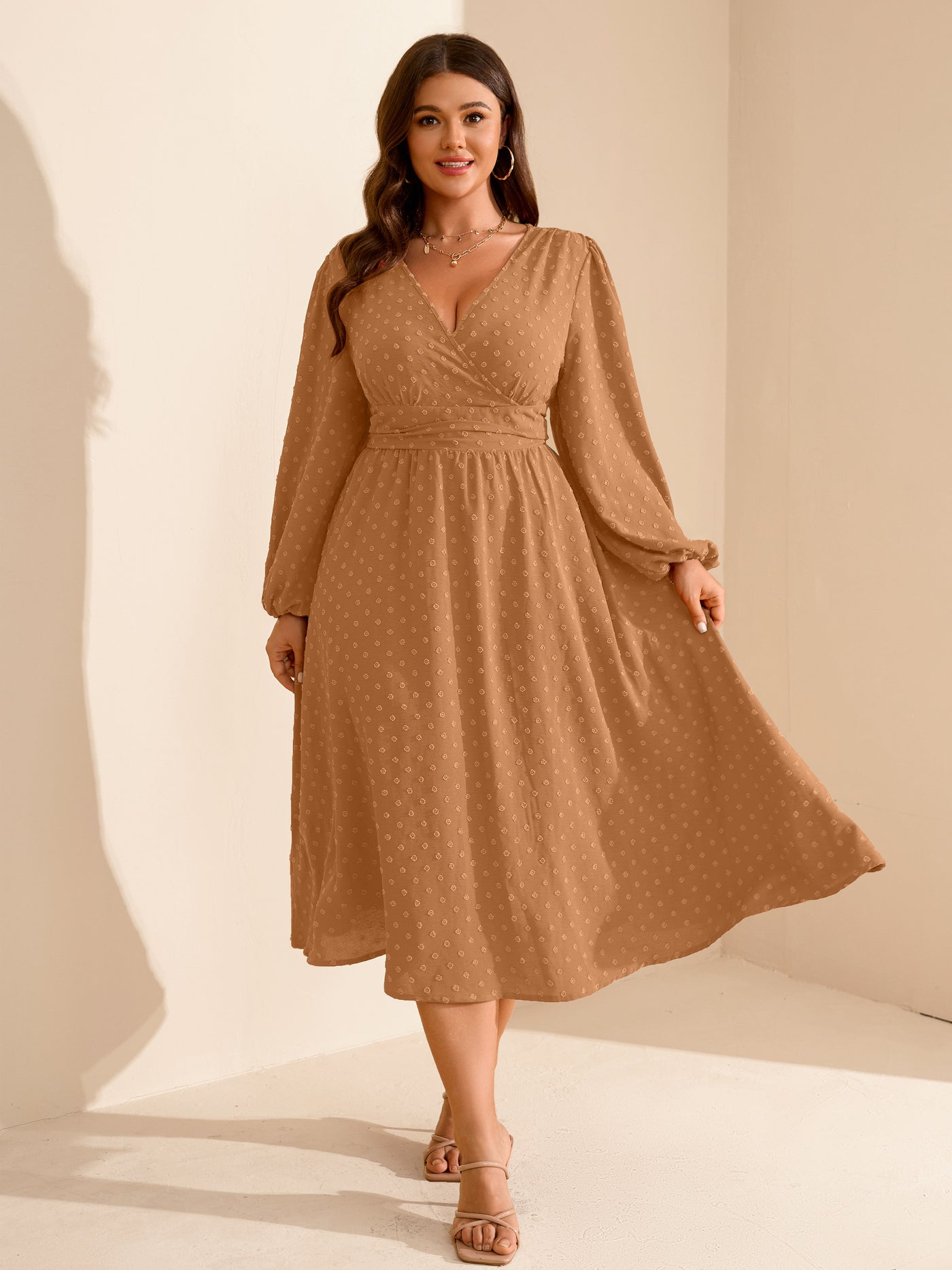 Plus Size Swiss-Dot V-Neck Party Dress — Khaki