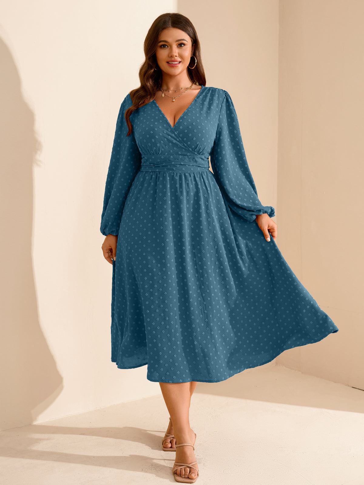 Plus Size Swiss-Dot V-Neck Party Dress — Dusty Blue