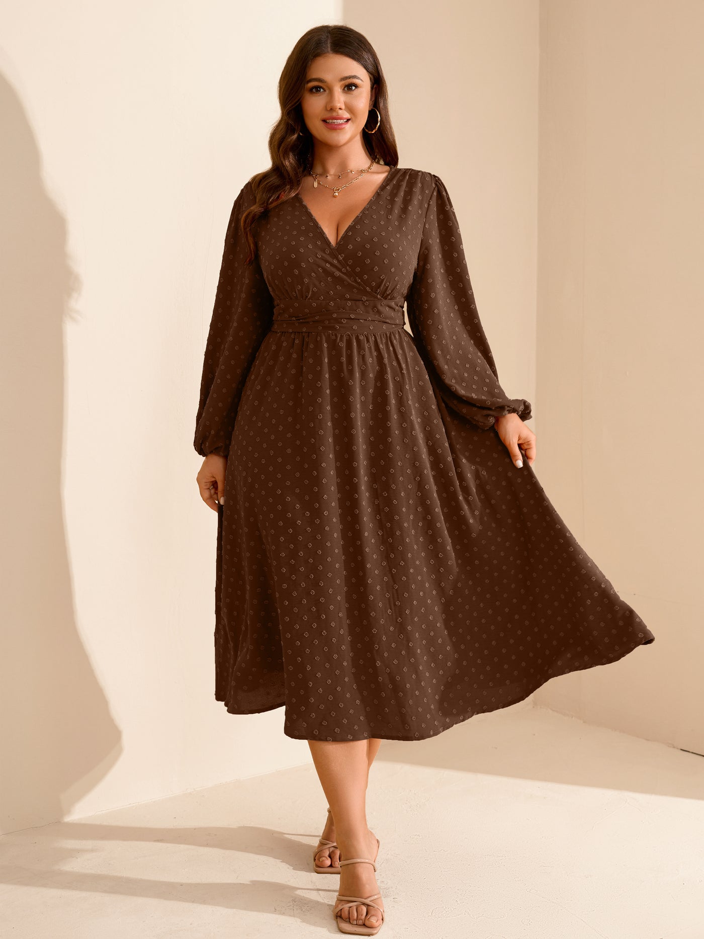 Plus Size Swiss-Dot V-Neck Party Dress — Coffee