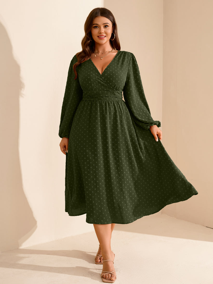 Plus Size Swiss-Dot V-Neck Party Dress — Army Green