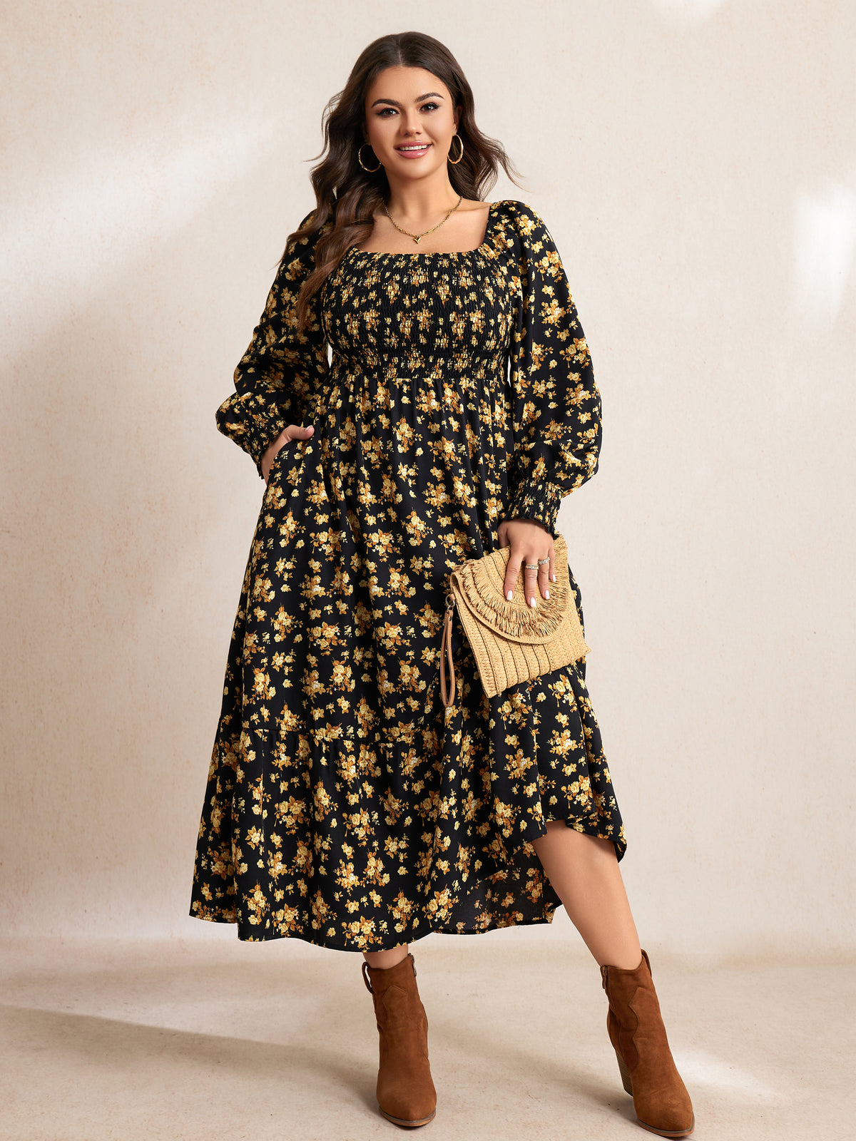 Plus Size Floral Long-Sleeve Maxi Dress — Black Yellow Floral