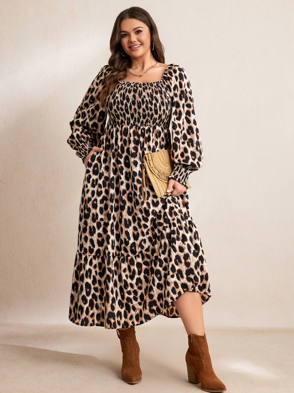 Plus Size Floral Long-Sleeve Maxi Dress — Leopard Frint