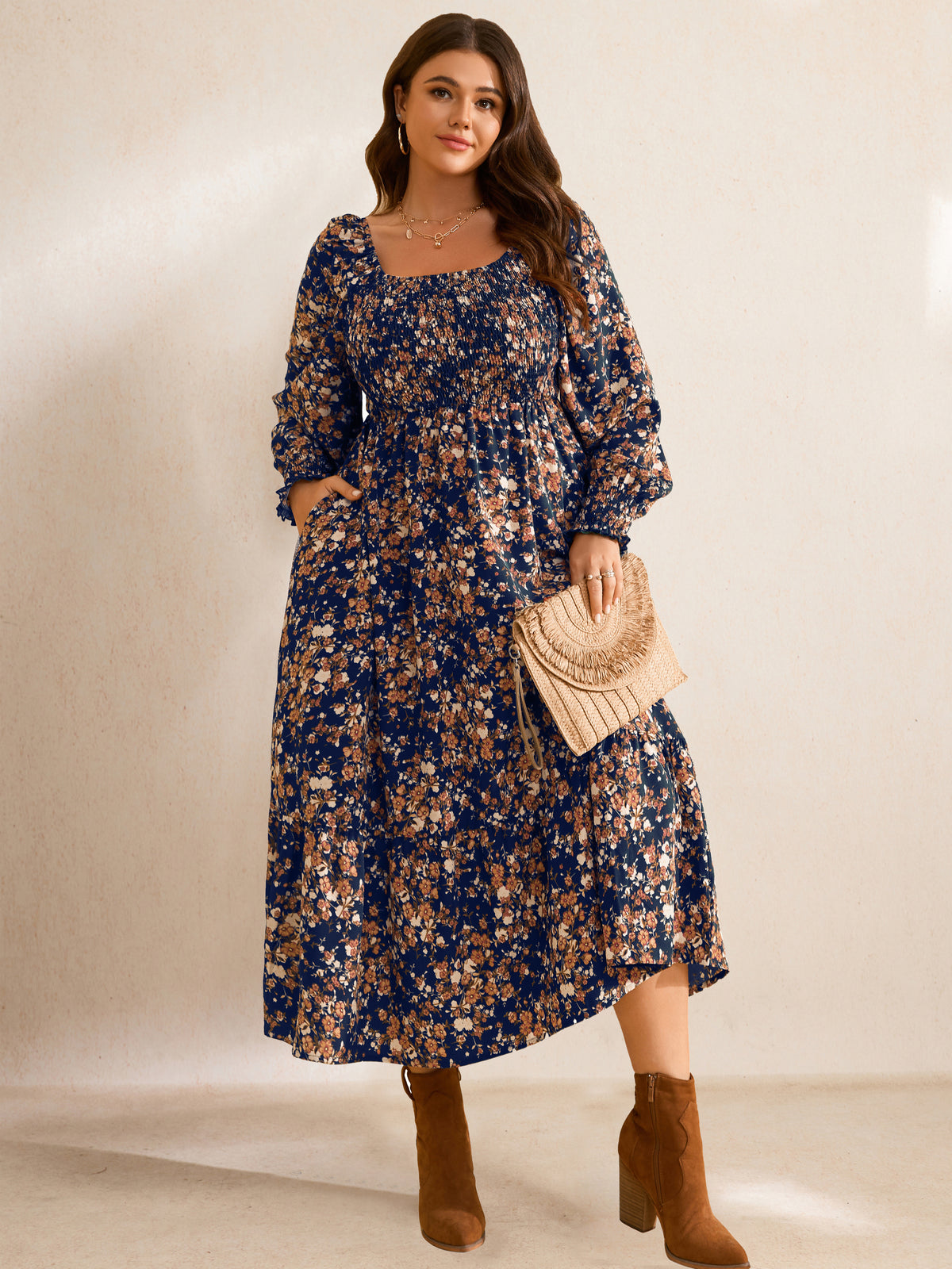 Plus Size Floral Long-Sleeve Maxi Dress — Navy Floral