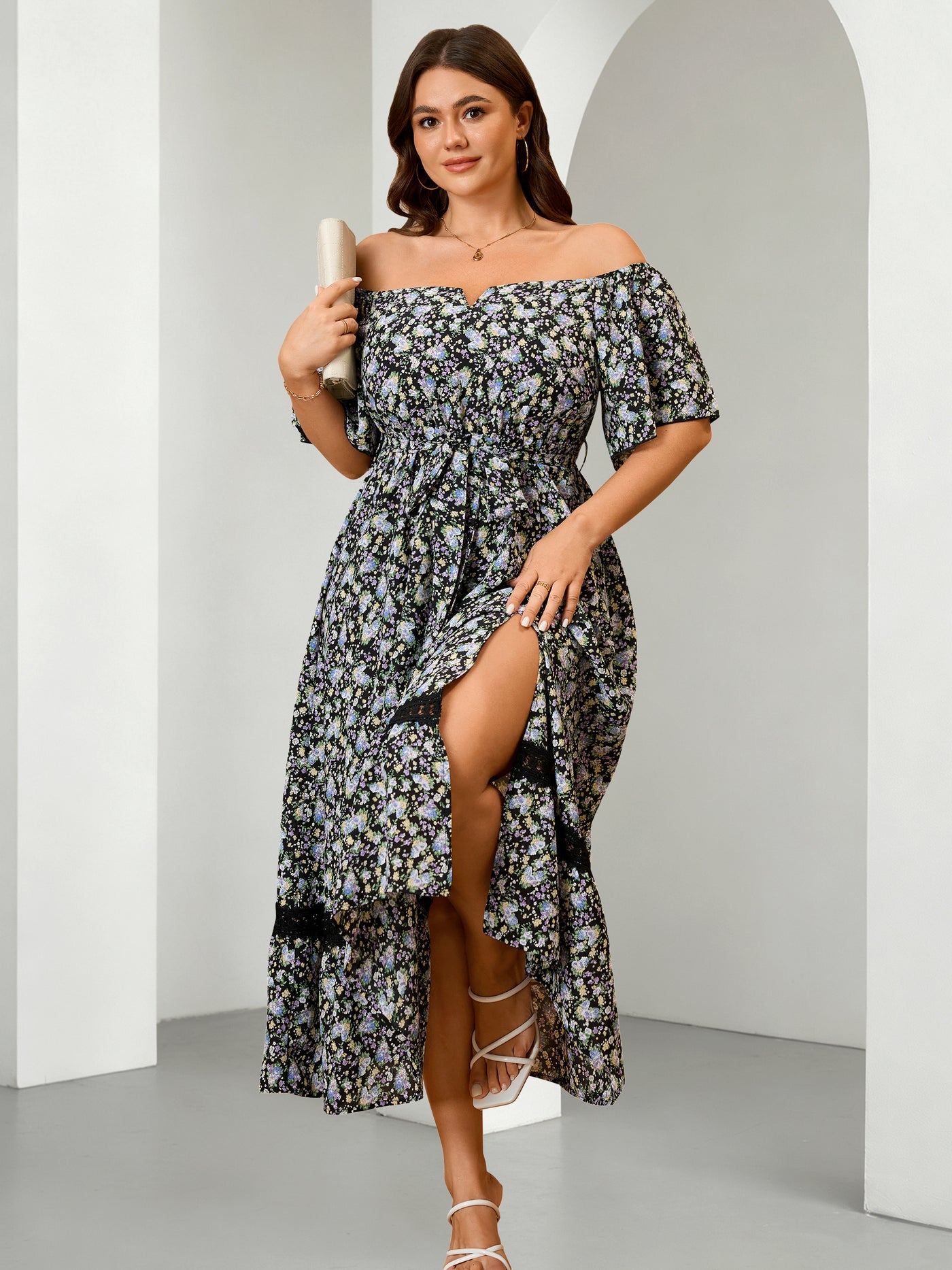 Plus Size Off-Shoulder Floral Maxi Dress — Black Floral