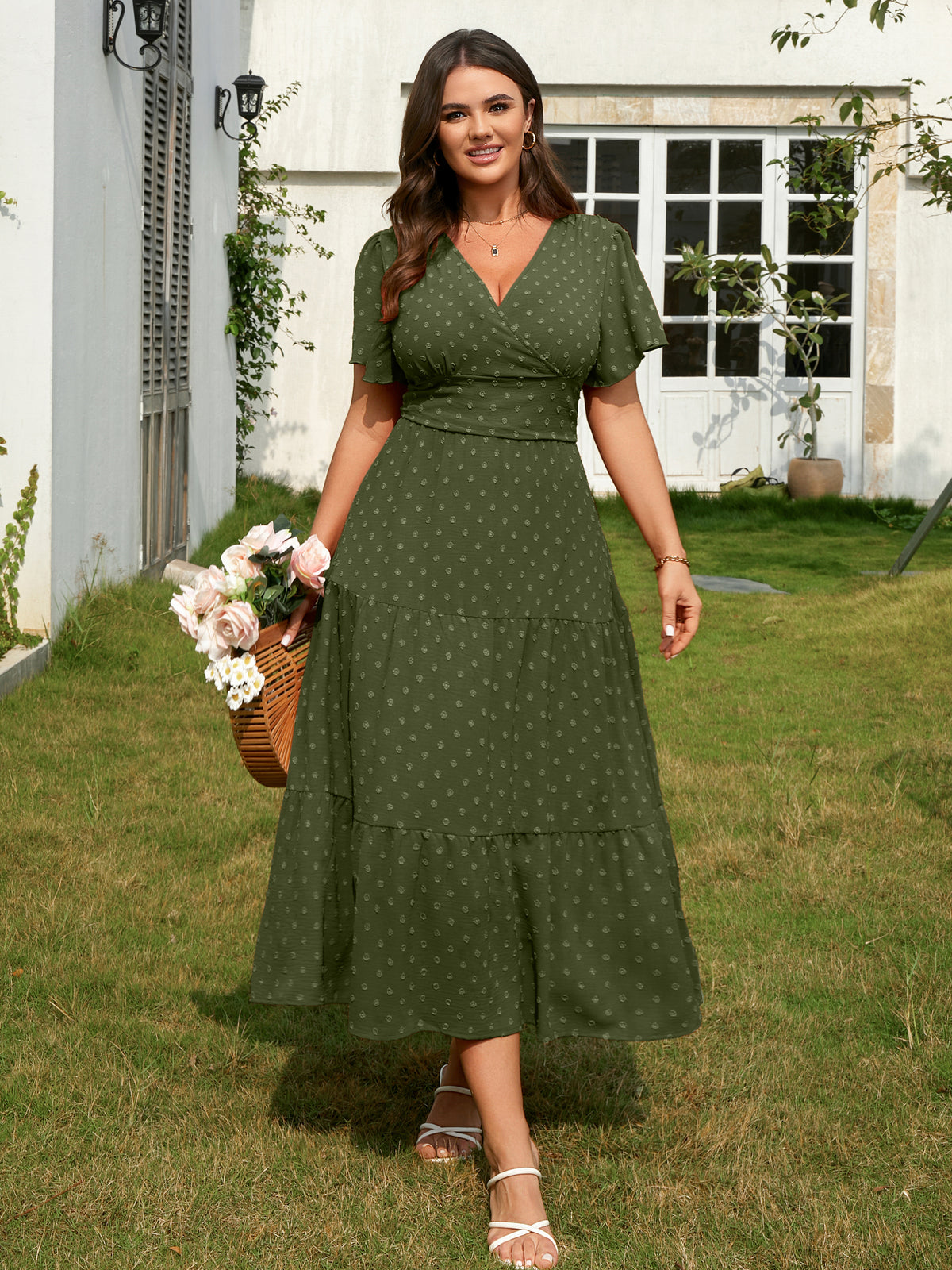 Plus Size Swiss-Dot V-Neck Maxi Dress — Army Green