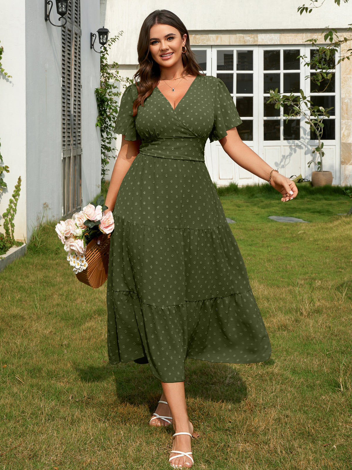 Plus Size Swiss-Dot V-Neck Maxi Dress — Army Green