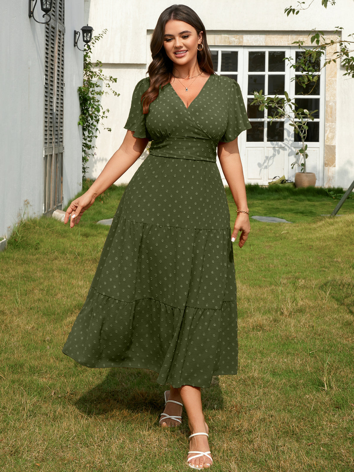 Plus Size Swiss-Dot V-Neck Maxi Dress — Army Green