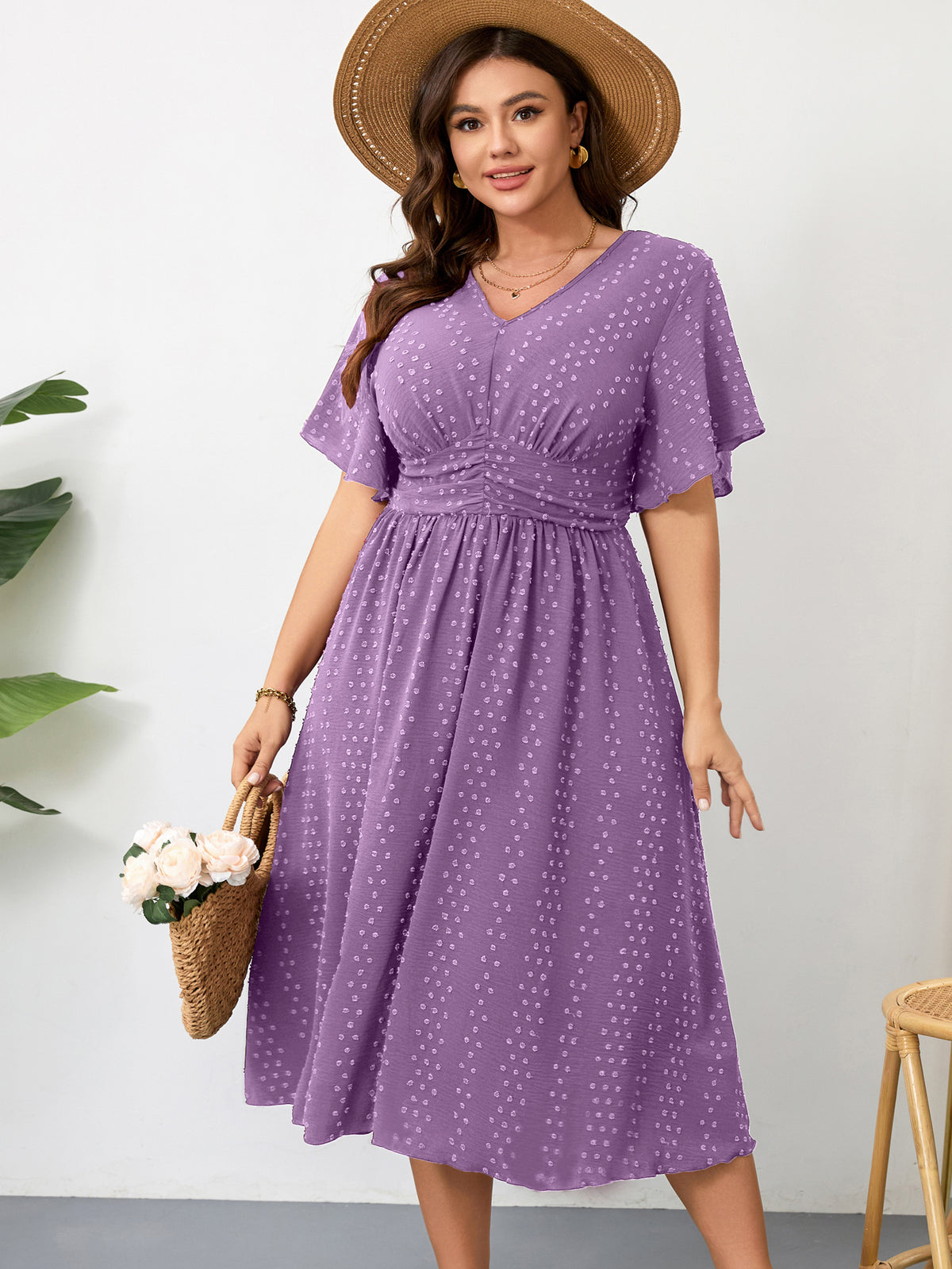 Plus Size Swiss-Dot V-Neck Maxi Dress — Purple