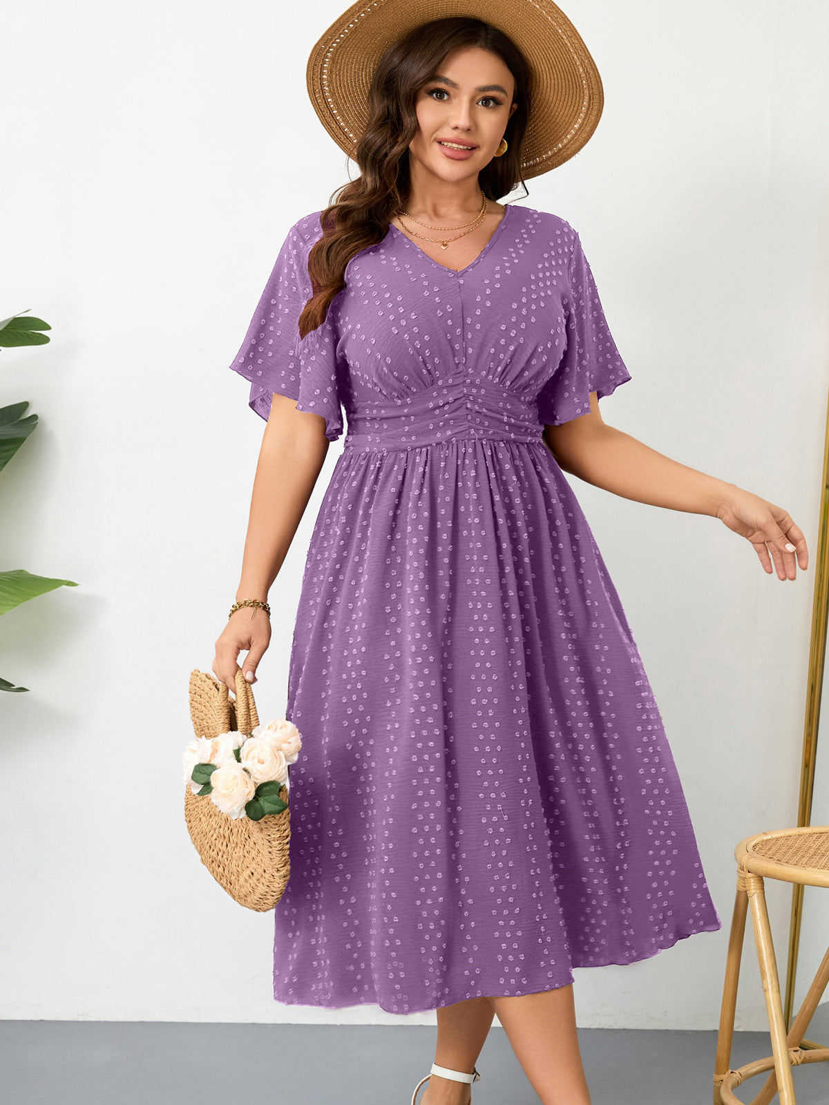 Plus Size Swiss-Dot V-Neck Maxi Dress — Purple