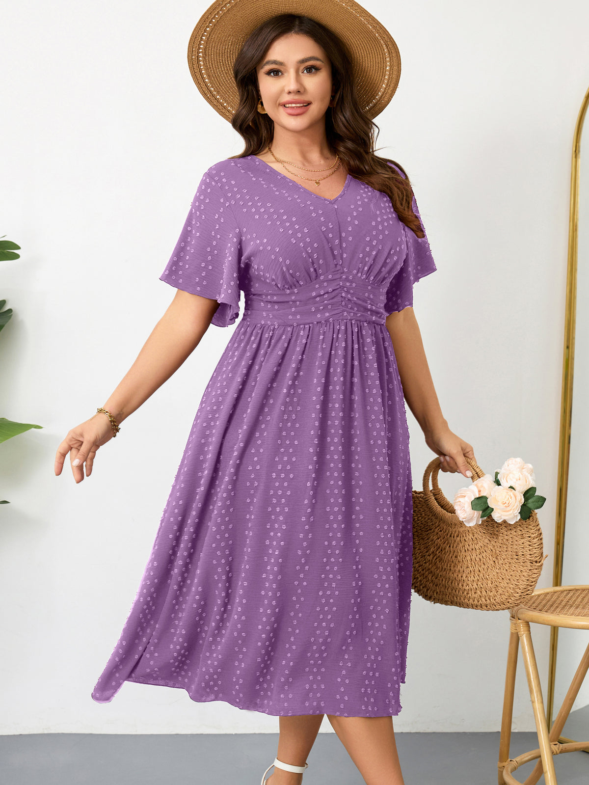 Plus Size Swiss-Dot V-Neck Maxi Dress — Purple