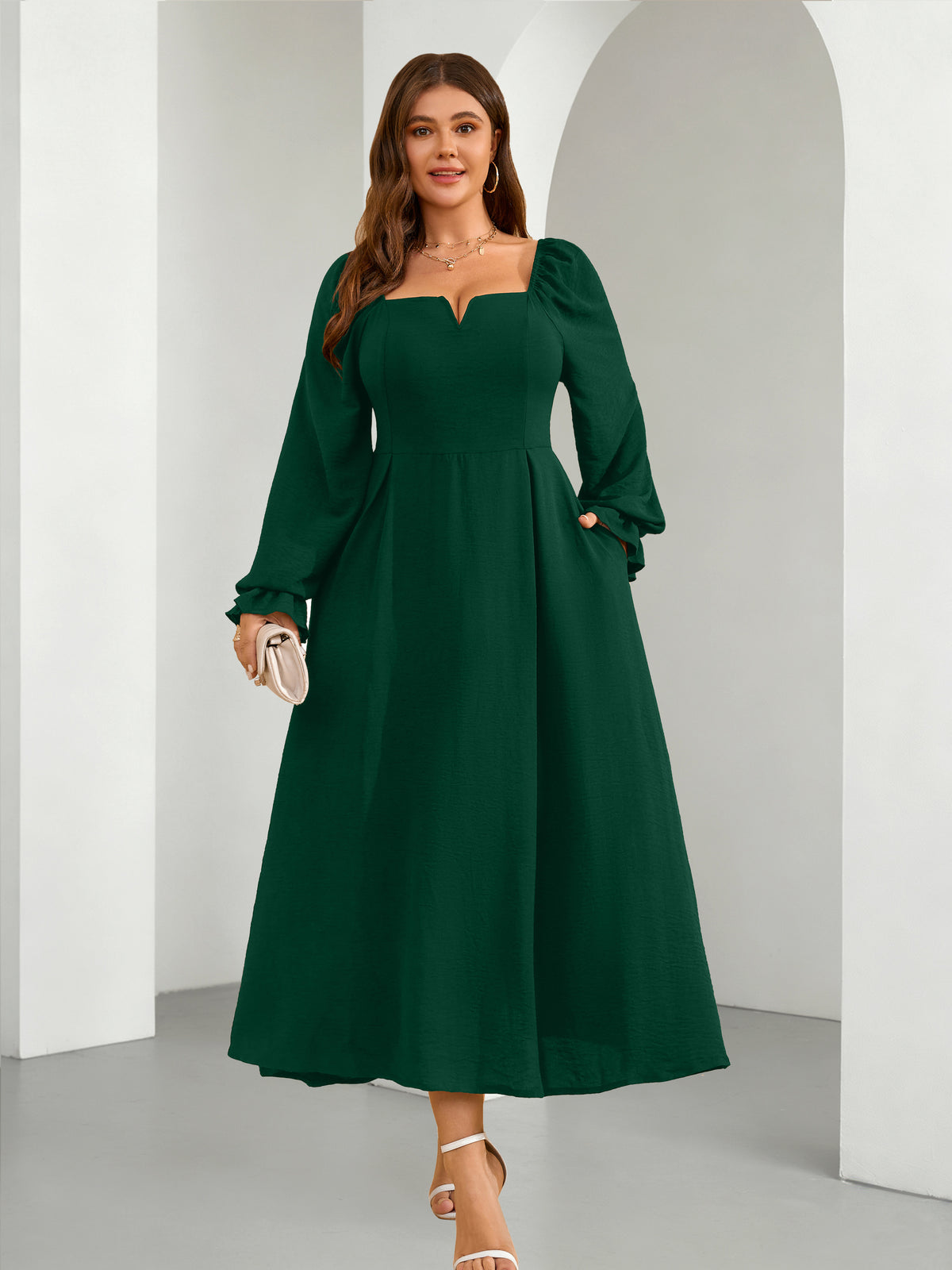 Plus Size Square-Neck Long-Sleeve Maxi Dress — Green