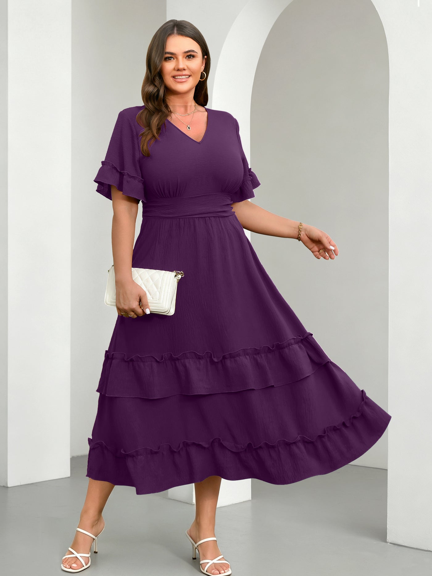 Plus Size Ruffle-Sleeve V-Neck Tiered Maxi Dress — Purple