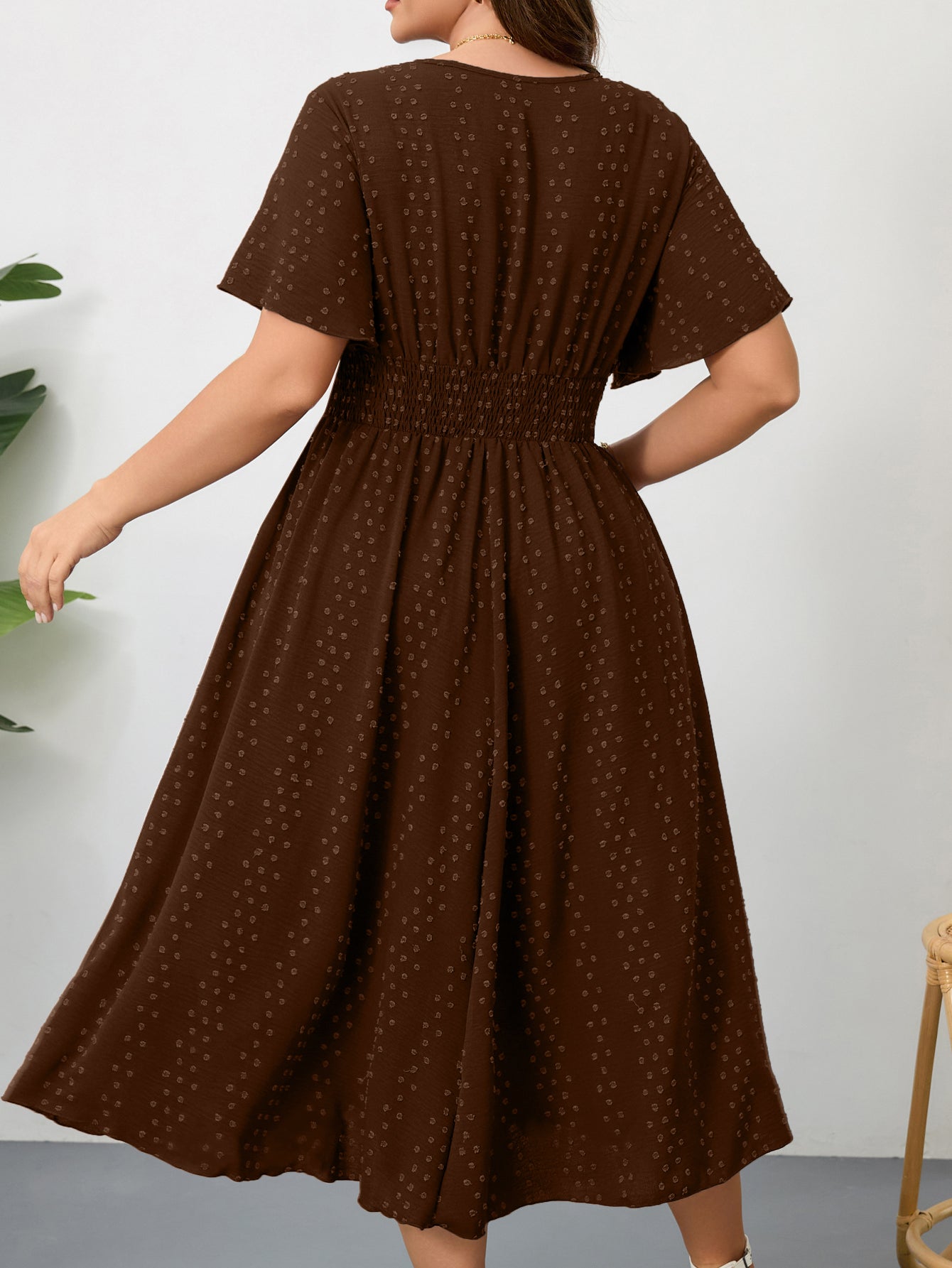 Plus Size Swiss-Dot V-Neck Maxi Dress — Chocolate Brown