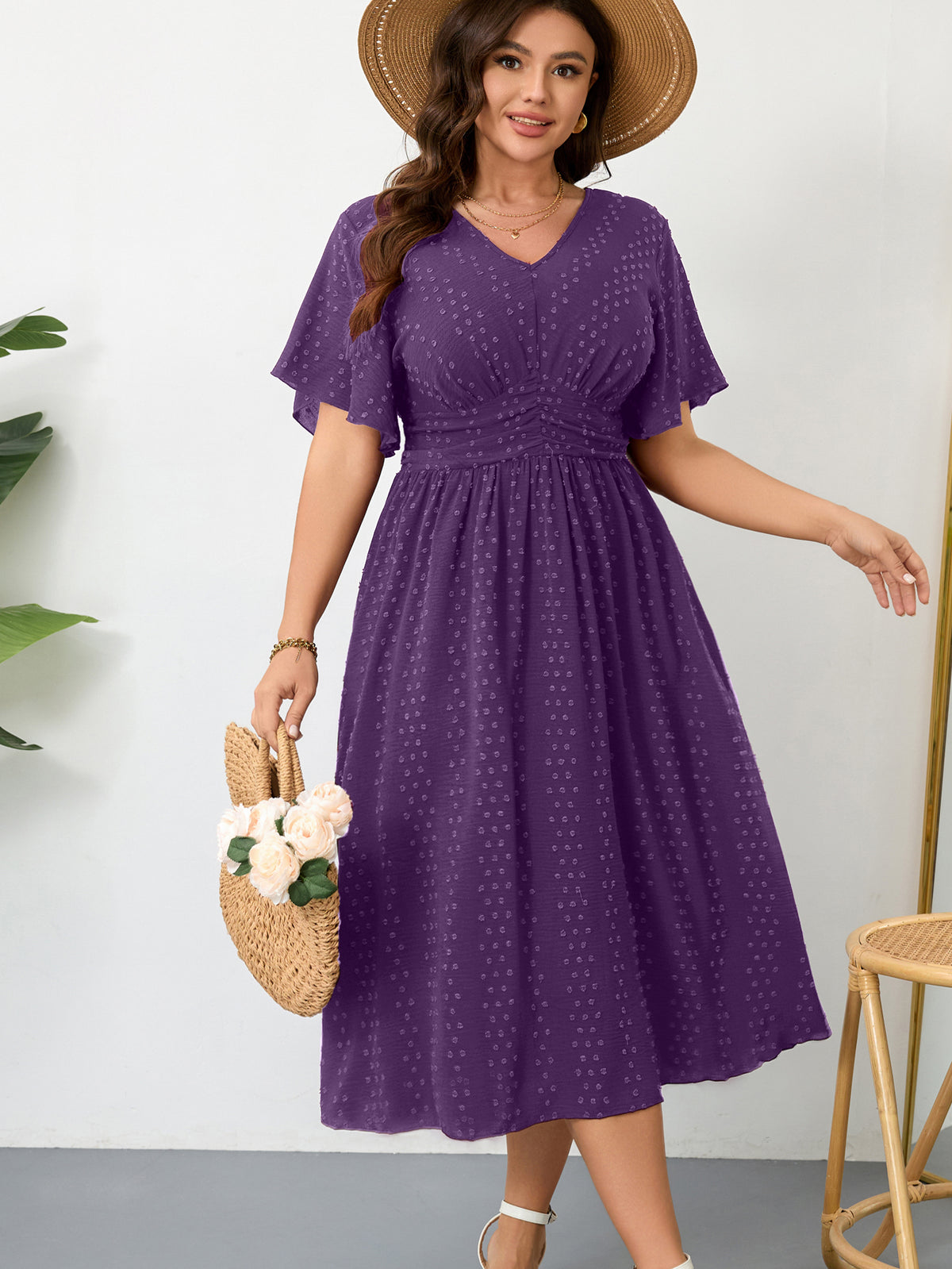 Plus Size Swiss-Dot V-Neck Maxi Dress — Dark Purple