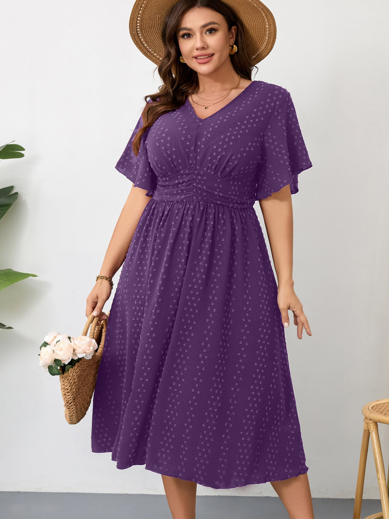 Plus Size Swiss-Dot V-Neck Maxi Dress — Dark Purple