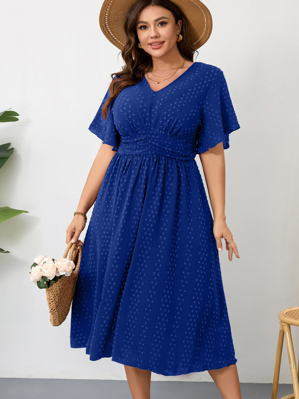 Plus Size Swiss-Dot V-Neck Maxi Dress — Royal Blue
