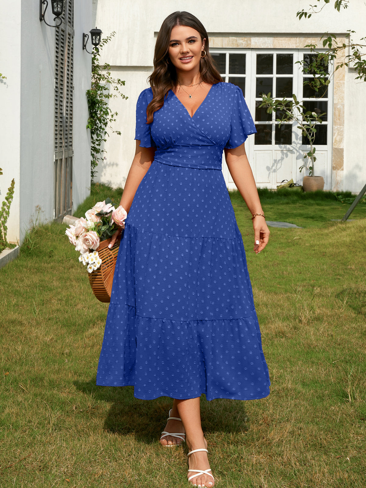 Plus Size Swiss-Dot V-Neck Maxi Dress — Royal Blue