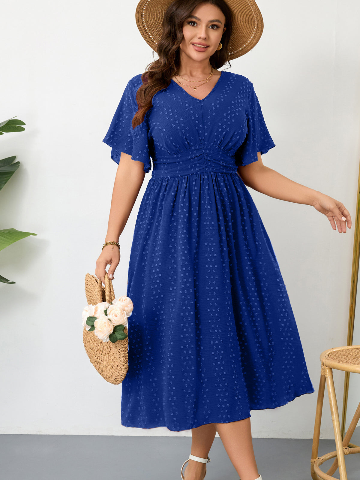 Plus Size Swiss-Dot V-Neck Maxi Dress — Royal Blue
