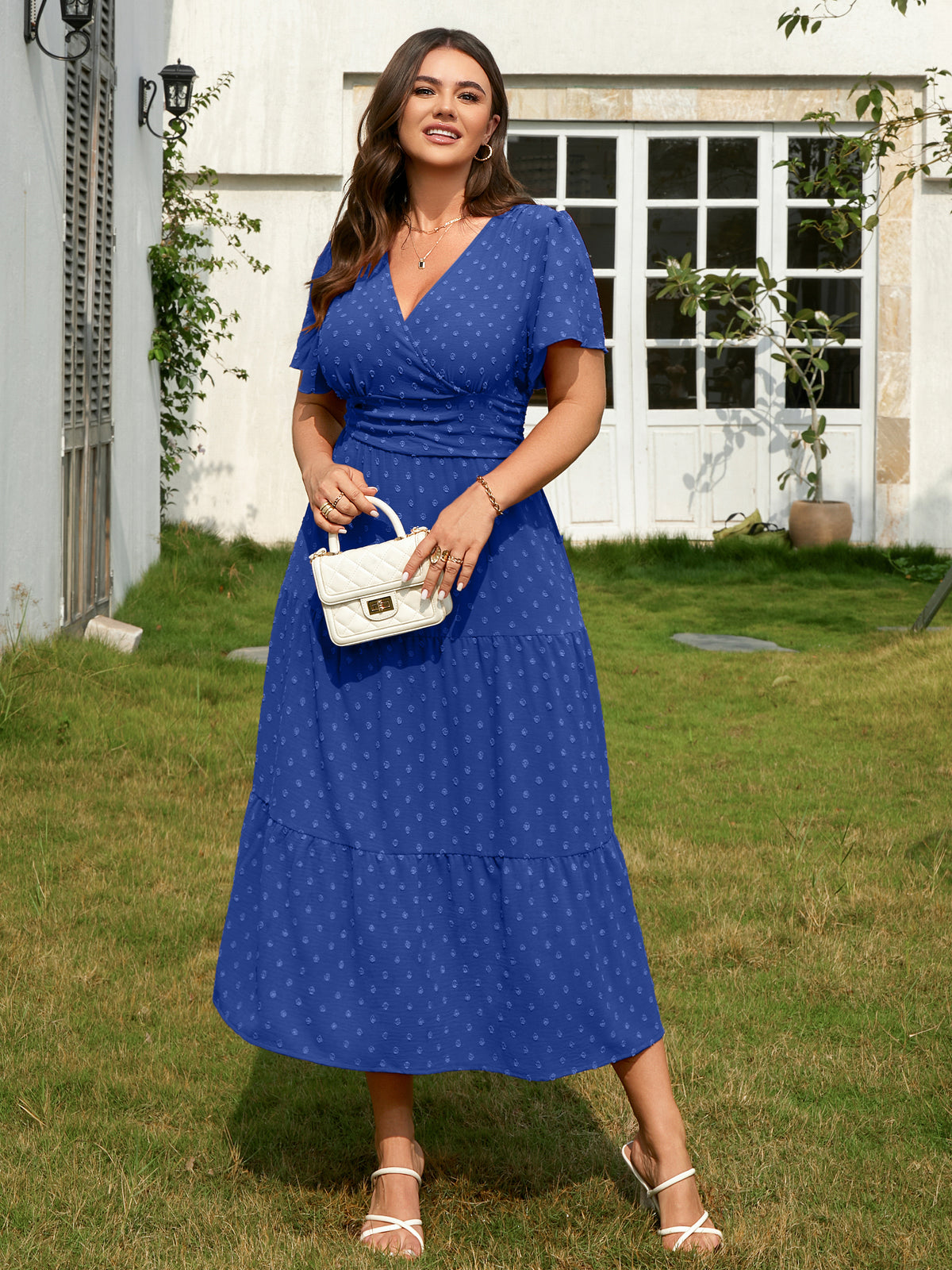 Plus Size Swiss-Dot V-Neck Maxi Dress — Royal Blue