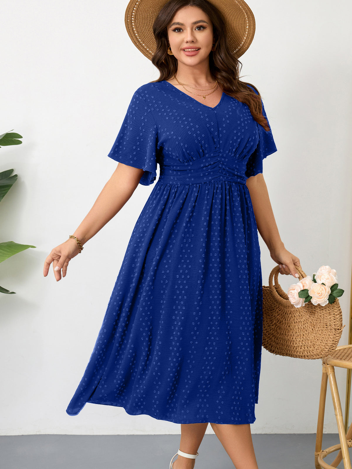 Plus Size Swiss-Dot V-Neck Maxi Dress — Royal Blue