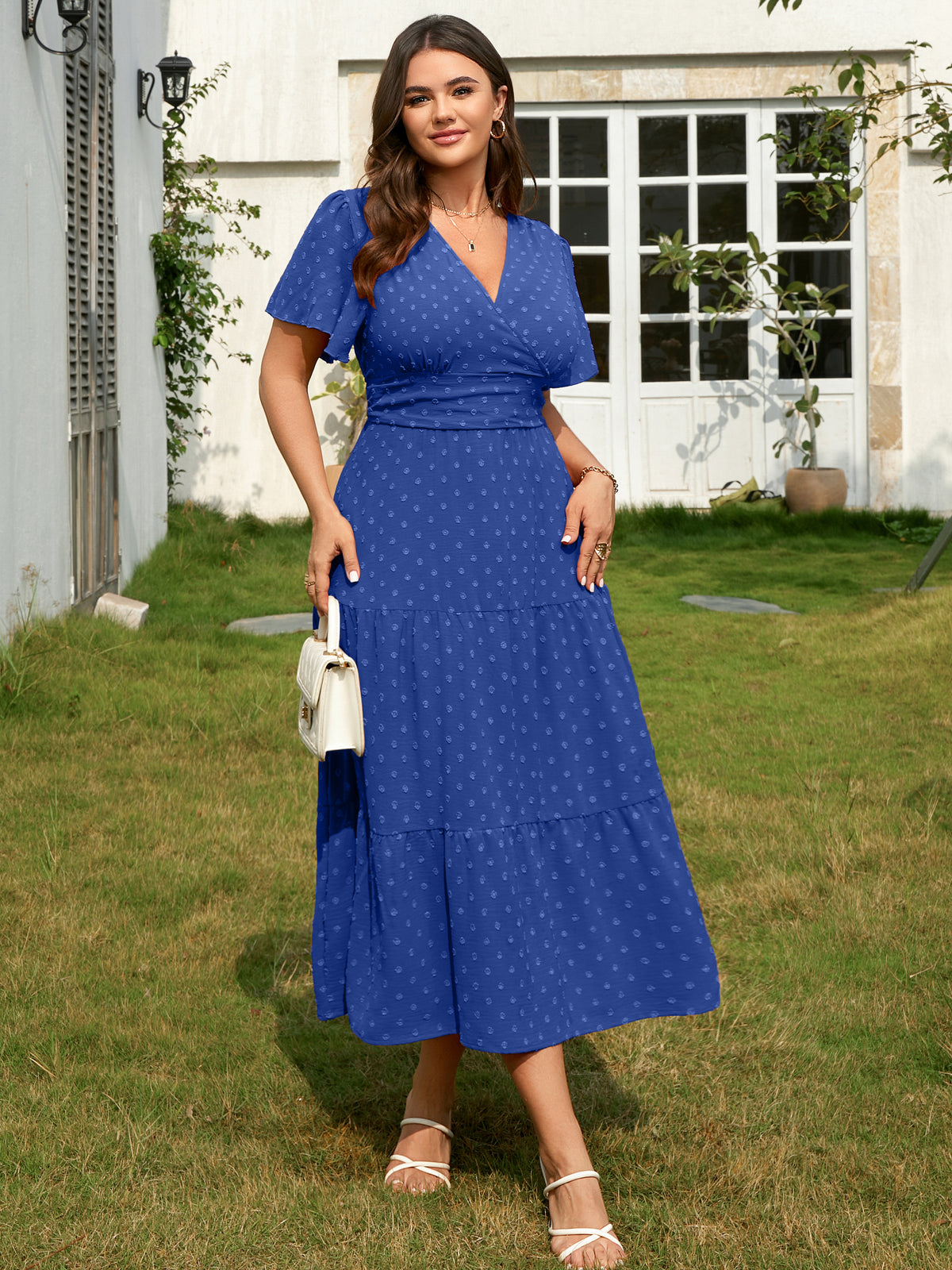 Plus Size Swiss-Dot V-Neck Maxi Dress — Royal Blue
