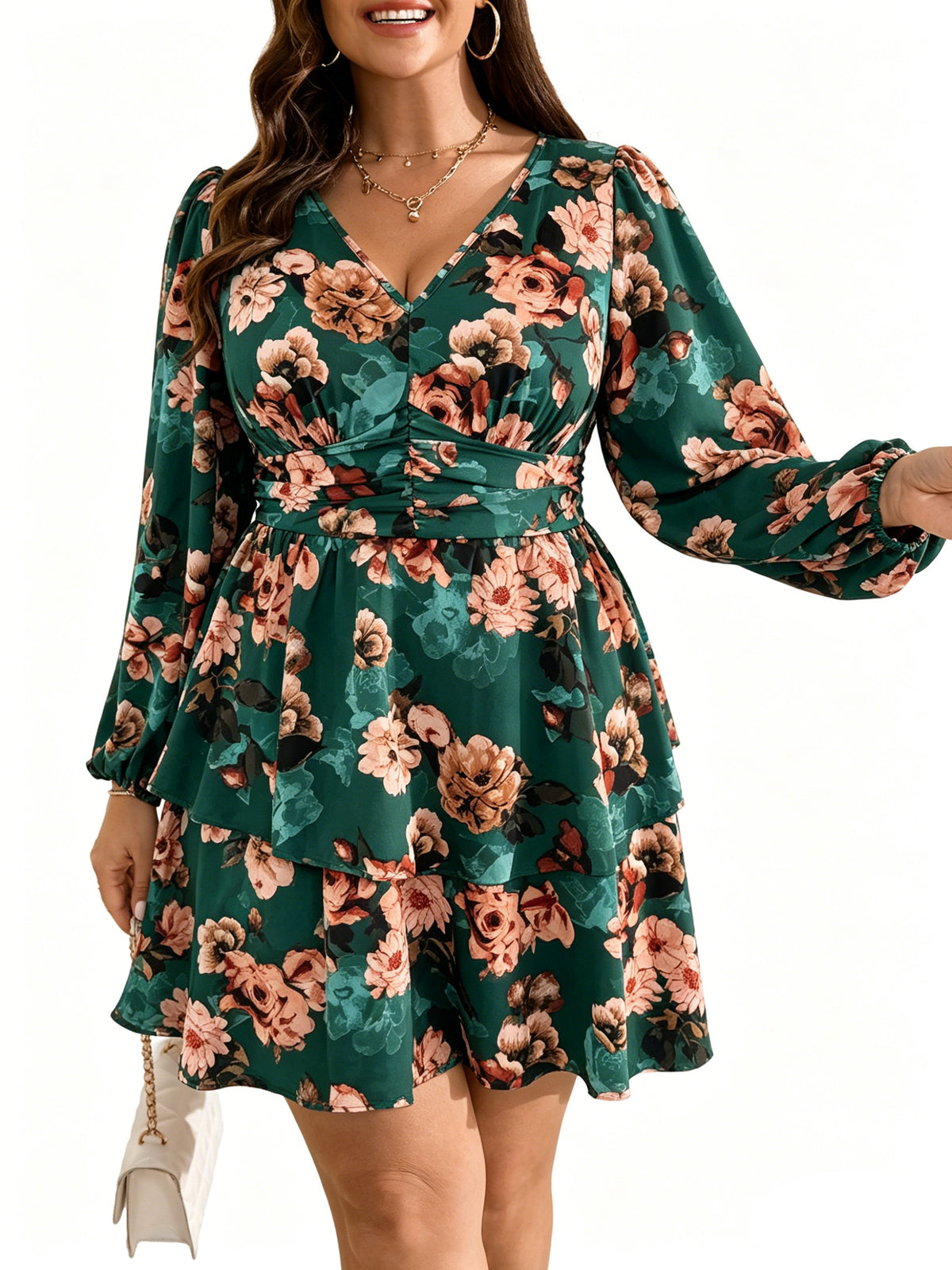 Plus Size V-Neck Tiered Mini Dress — Emerald Green Floral — 3.jpg
