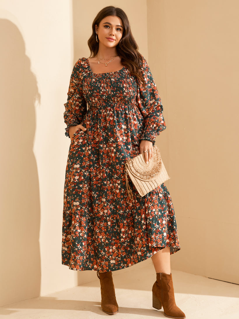 Plus Size Floral Long-Sleeve Maxi Dress — Green Floral