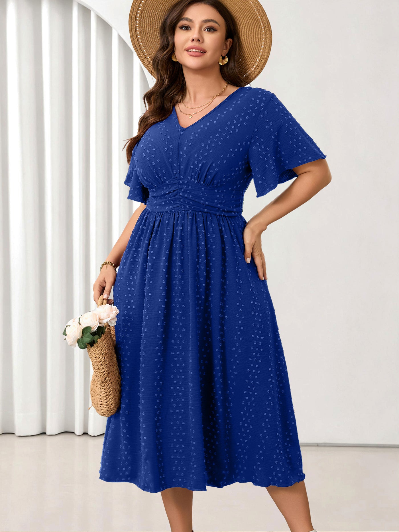 Plus Size Swiss-Dot V-Neck Maxi Dress — Royal Blue
