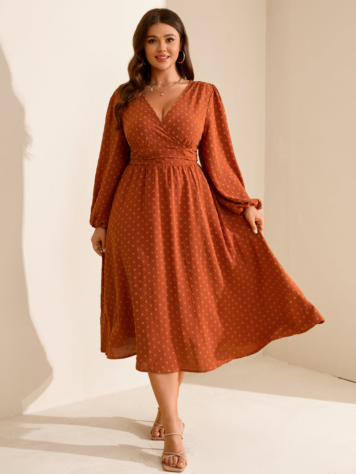 Plus Size Swiss-Dot V-Neck Party Dress — Burnt Orange
