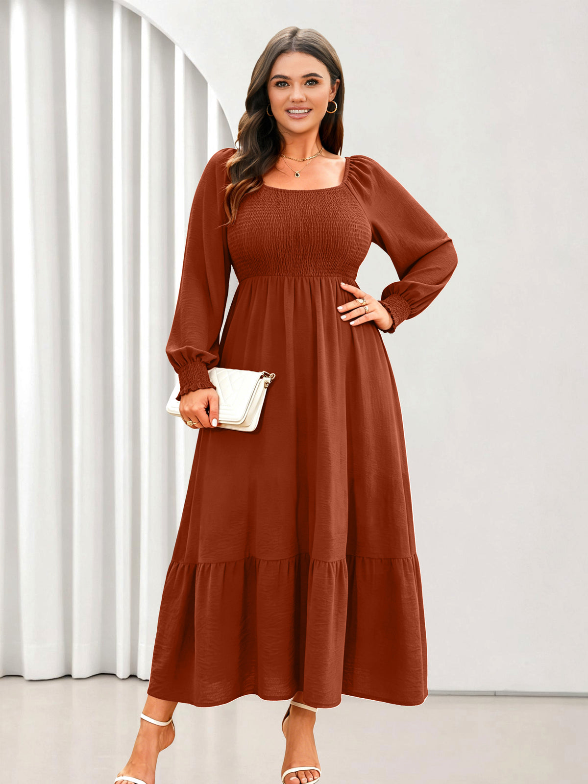 Plus Size Floral Long-Sleeve Maxi Dress — Brown