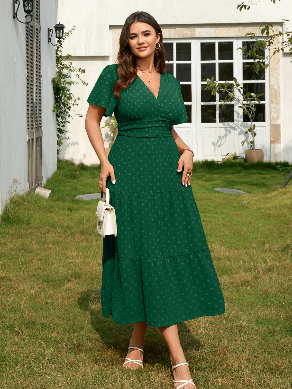 Plus Size Swiss-Dot V-Neck Maxi Dress — Green