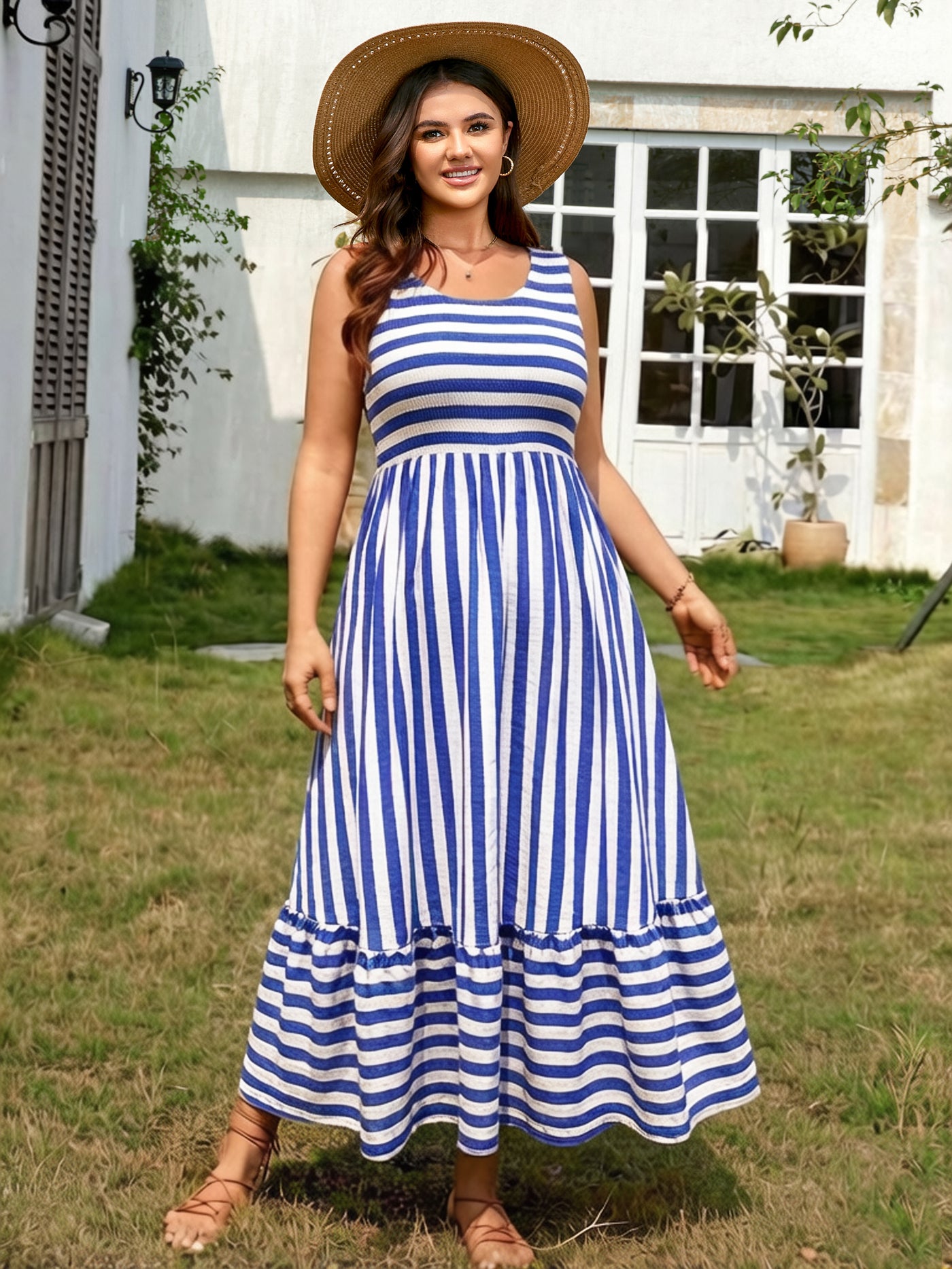 Plus Size Striped Smocked-Bodice Maxi Dress — Blue