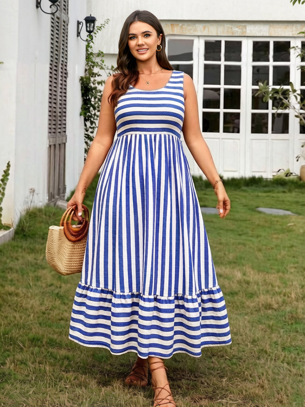 Plus Size Striped Smocked-Bodice Maxi Dress — Blue
