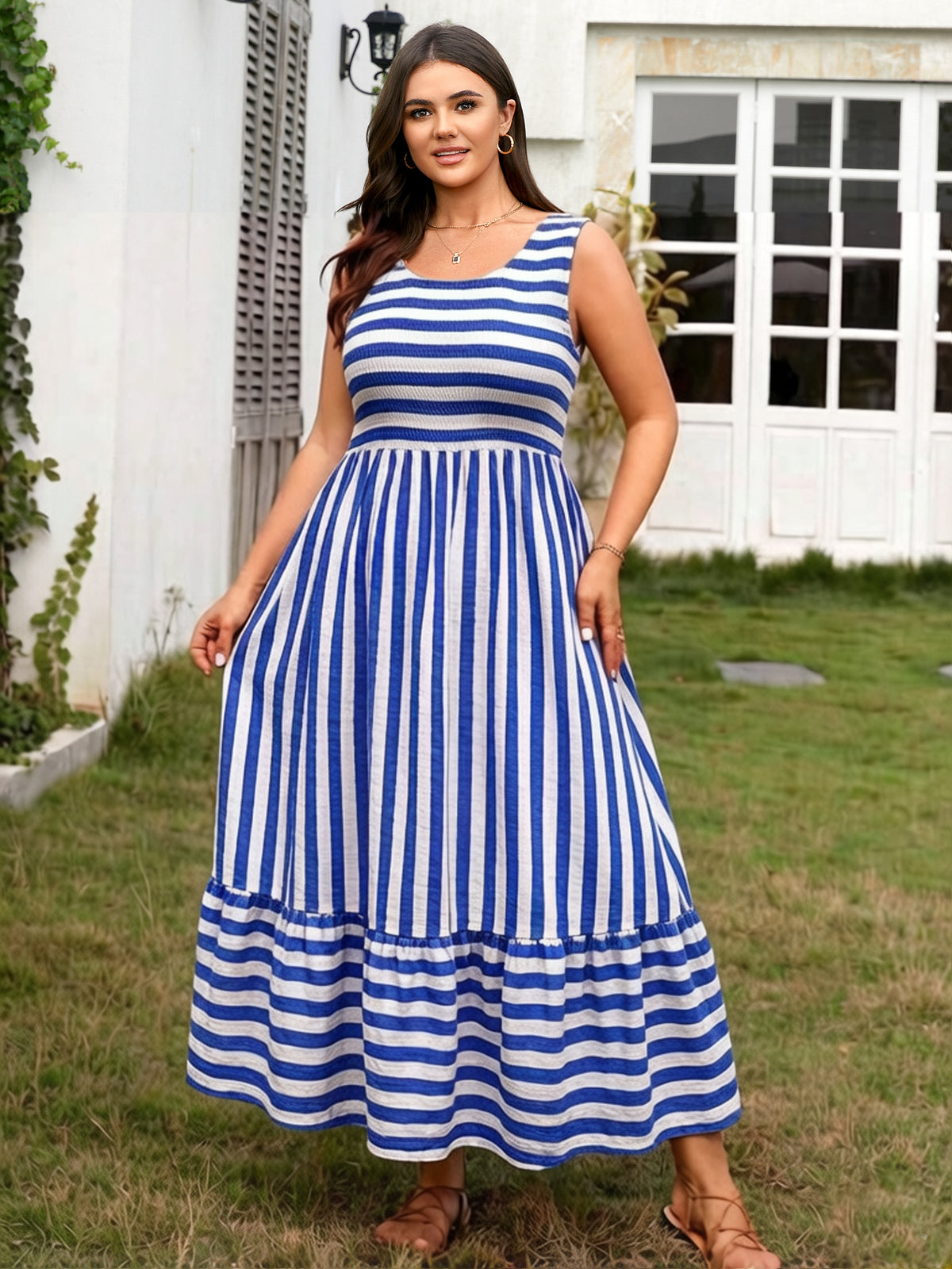 Plus Size Striped Smocked-Bodice Maxi Dress — Blue