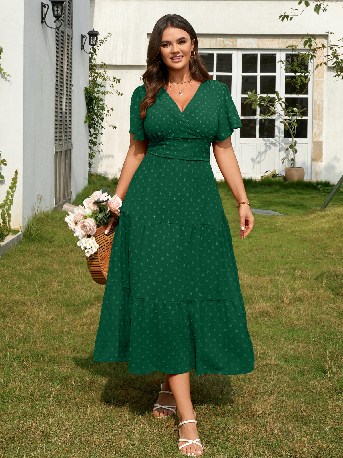 Plus Size Swiss-Dot V-Neck Maxi Dress — Green