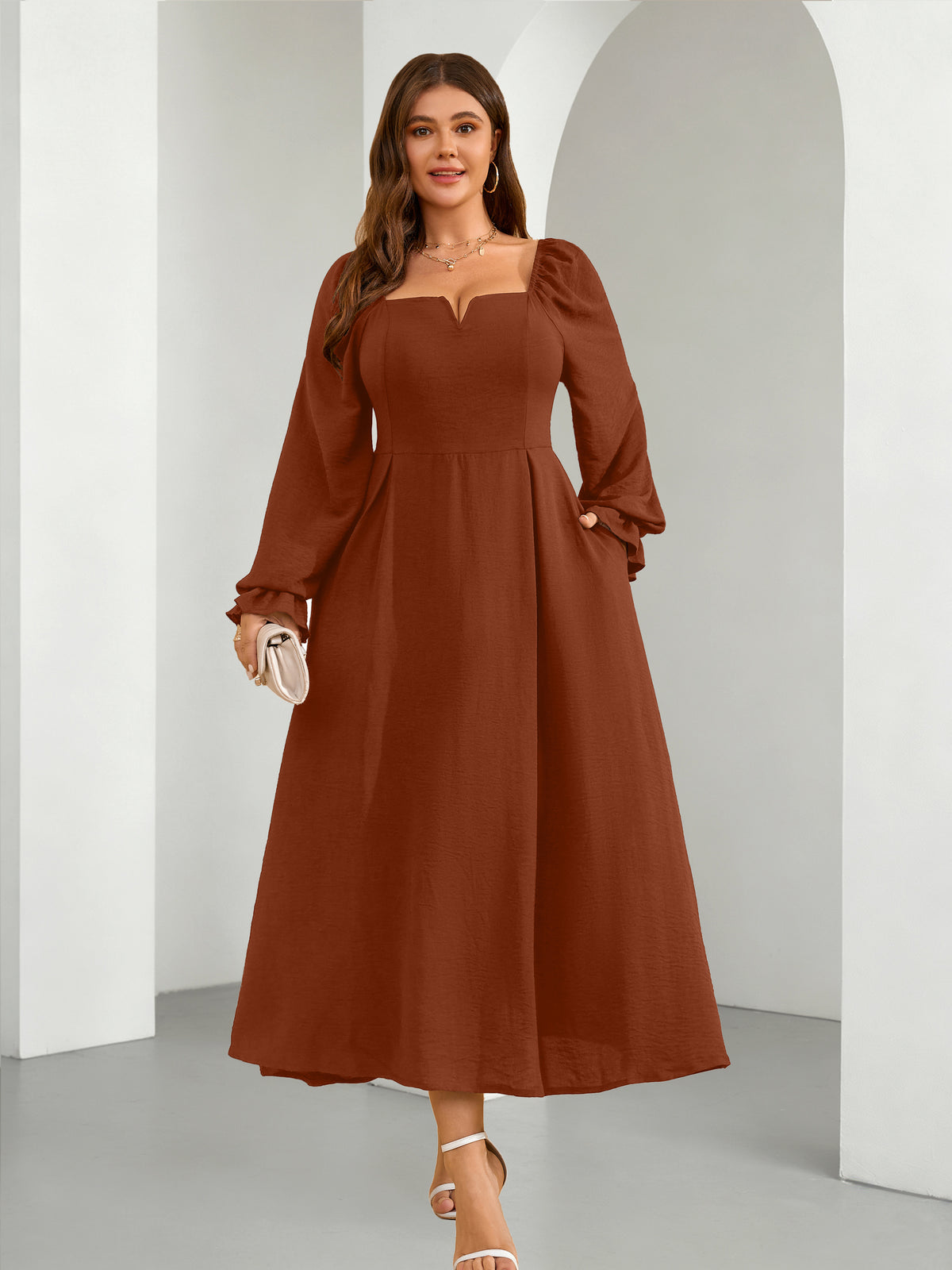 Plus Size Square-Neck Long-Sleeve Maxi Dress — Rust Brown