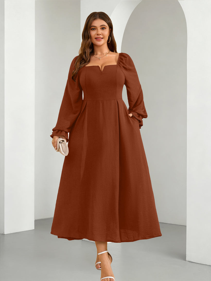 Plus Size Square-Neck Long-Sleeve Maxi Dress — Rust Brown