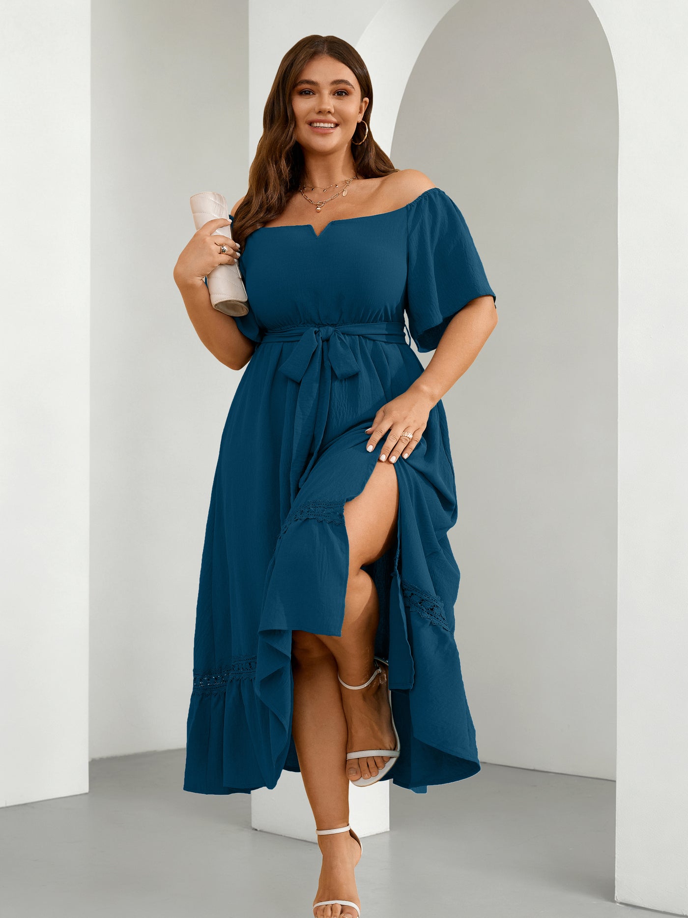 Plus Size Off-Shoulder Floral Maxi Dress — Lake Blue