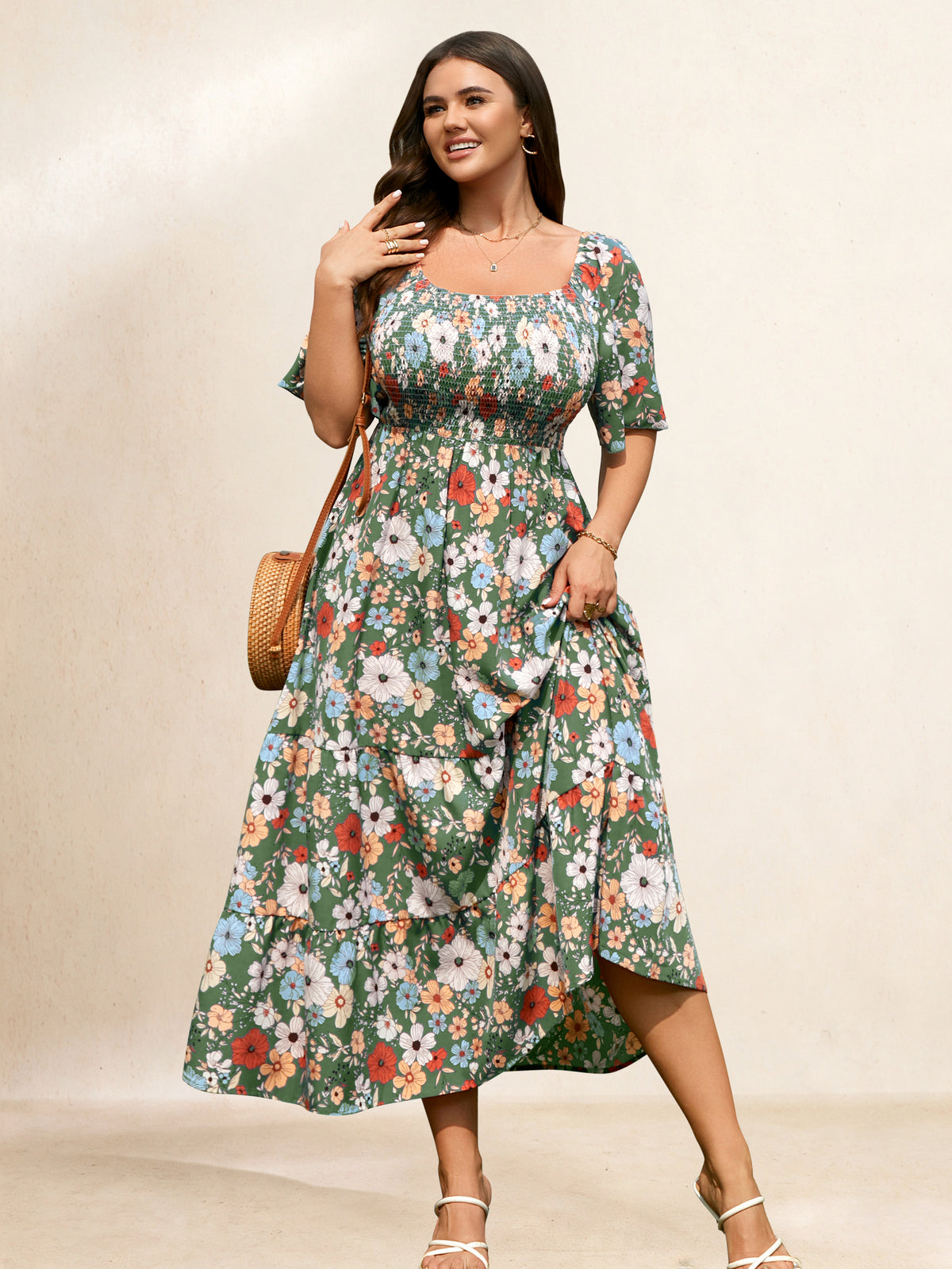 Plus Size Square-Neck Flutter-Sleeve Maxi Dress — Green Floral