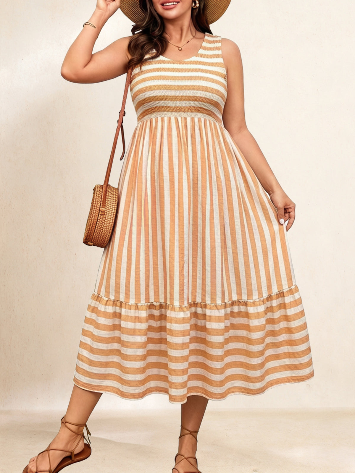 Plus Size Striped Smocked-Bodice Maxi Dress — Khaki